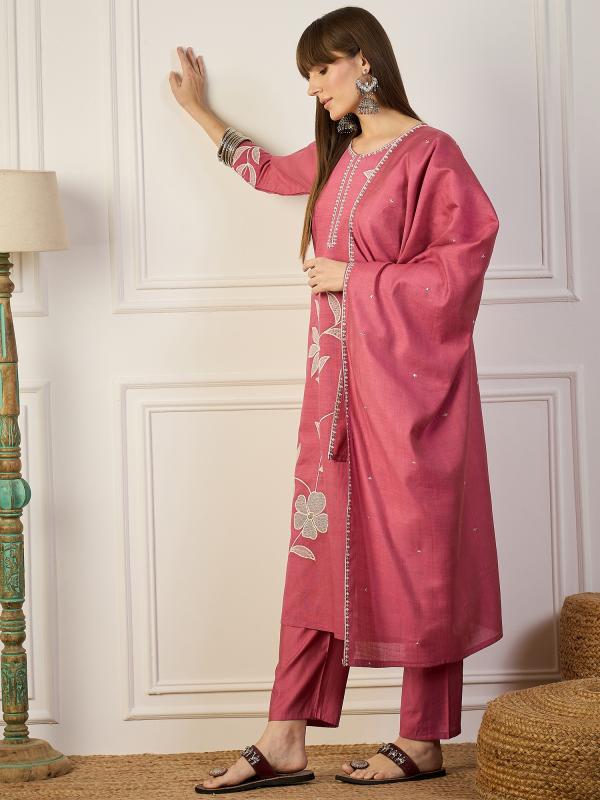 VP 9771 P Pink Embroidery Silk Straight Kurta With Trousers & Dupatta Sets